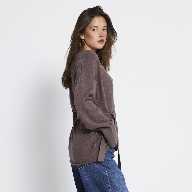 Tie waist knit cardigan "Colette" Beige Melange